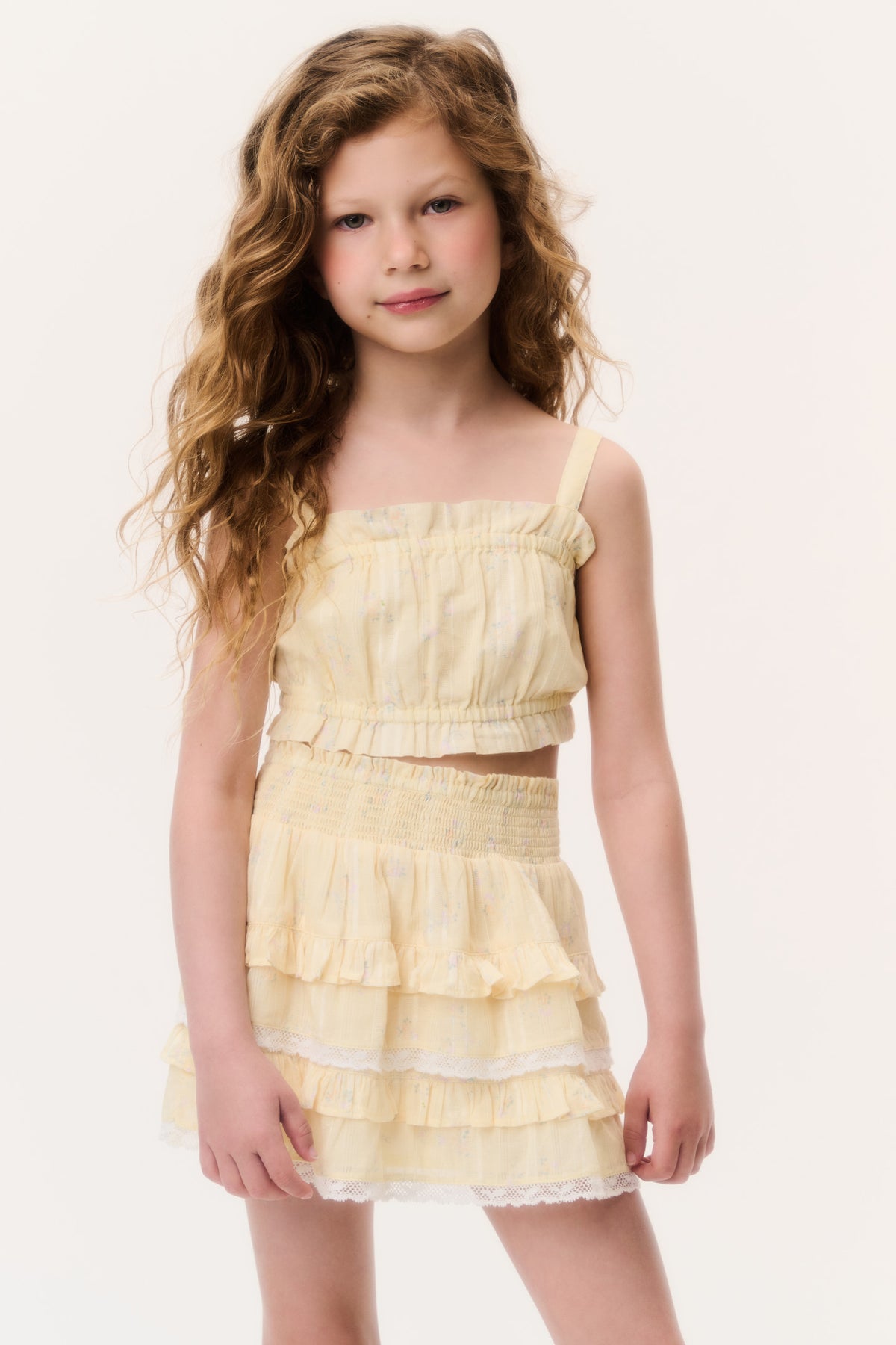 Girls ditsy floral ruffle tank top in lemon yellow with tiered layers