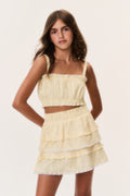 Girls' lemon ditsy floral crop top, sleeveless with smocked bodice and tiered ruffles