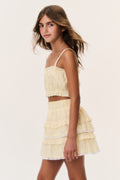 Lemon yellow ditsy floral tiered ruffle mini skirt with elastic waist and layered hem