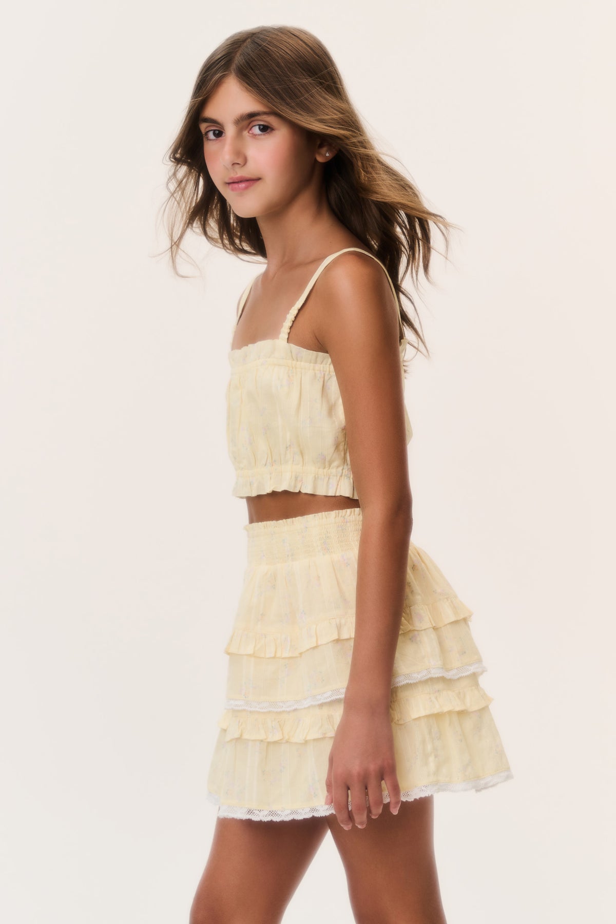 Lemon yellow ditsy floral tiered ruffle mini skirt with elastic waist and layered hem