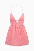 Red and white gingham cotton mini dress with halter tie front and gathered skirt