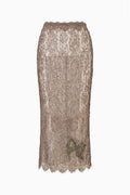 Pewter metallic lace midi skirt with scalloped hem and allover sequin-like texture