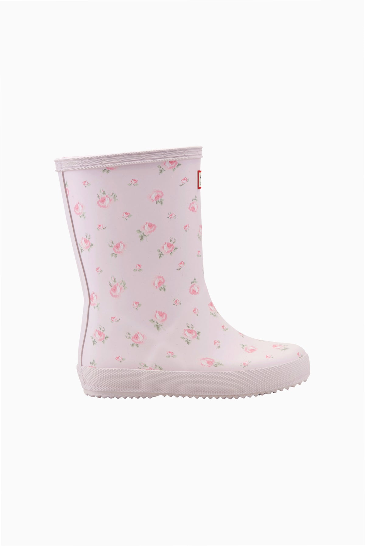 Kids classic rain boot with floral print and thick rubber sole edge.