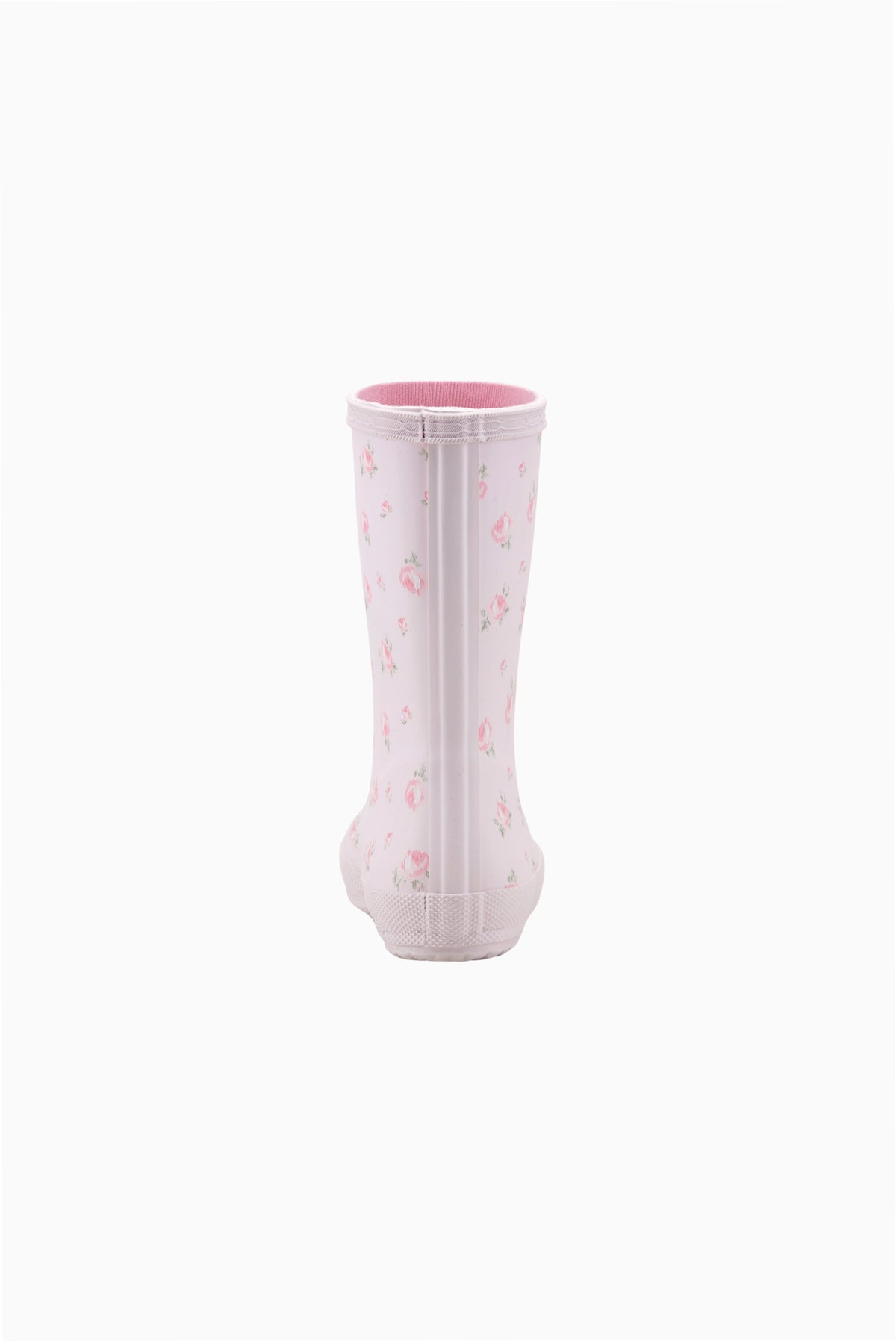 Kids classic rain boot in light pink with small pink floral print.
