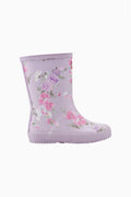 Kids classic rain boot in light lavender with dense pink floral print.