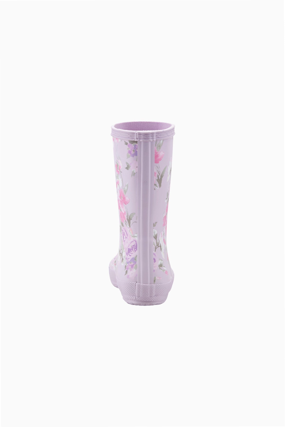 Kids classic rain boot in light lavender with small pink floral print.