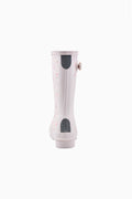 Kids short rain boot in white with pink floral print and dark heel panels