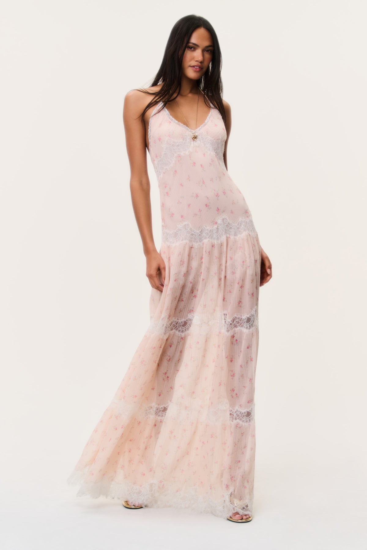 Soft pink floral maxi dress with spaghetti straps and tiered sheer skirt