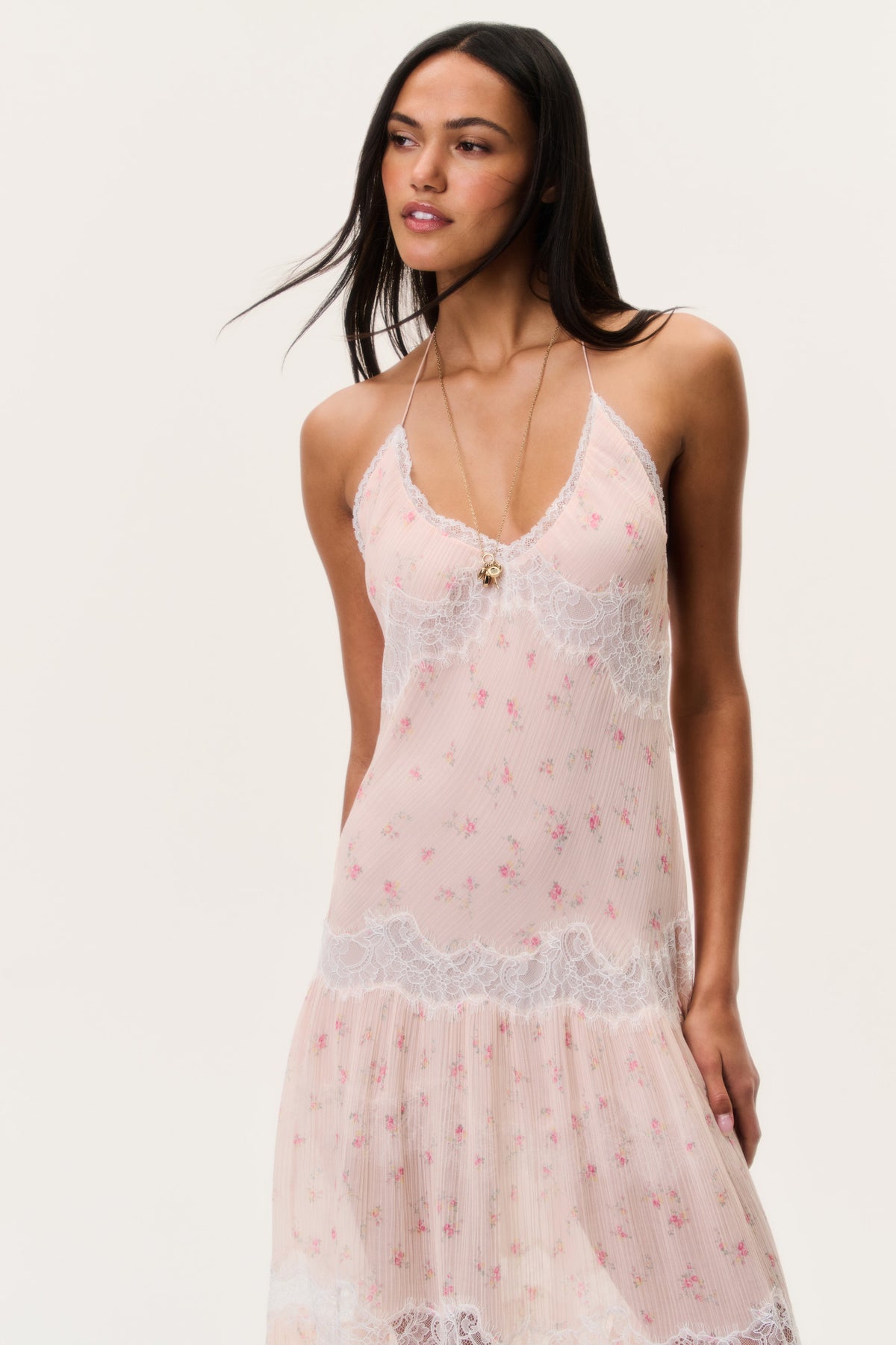 Spaghetti-strap floral maxi dress with lace trim at bust and tiered sheer layers