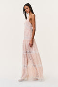 Pink floral sheer maxi dress with lace hem and layered ruffle tiers