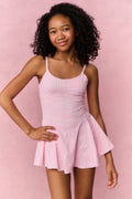Pink gingham tween active dress with spaghetti straps, fitted bodice and flared skirt