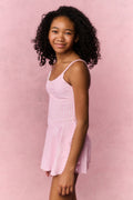 Pink gingham tween active dress with spaghetti straps and A-line flared hem