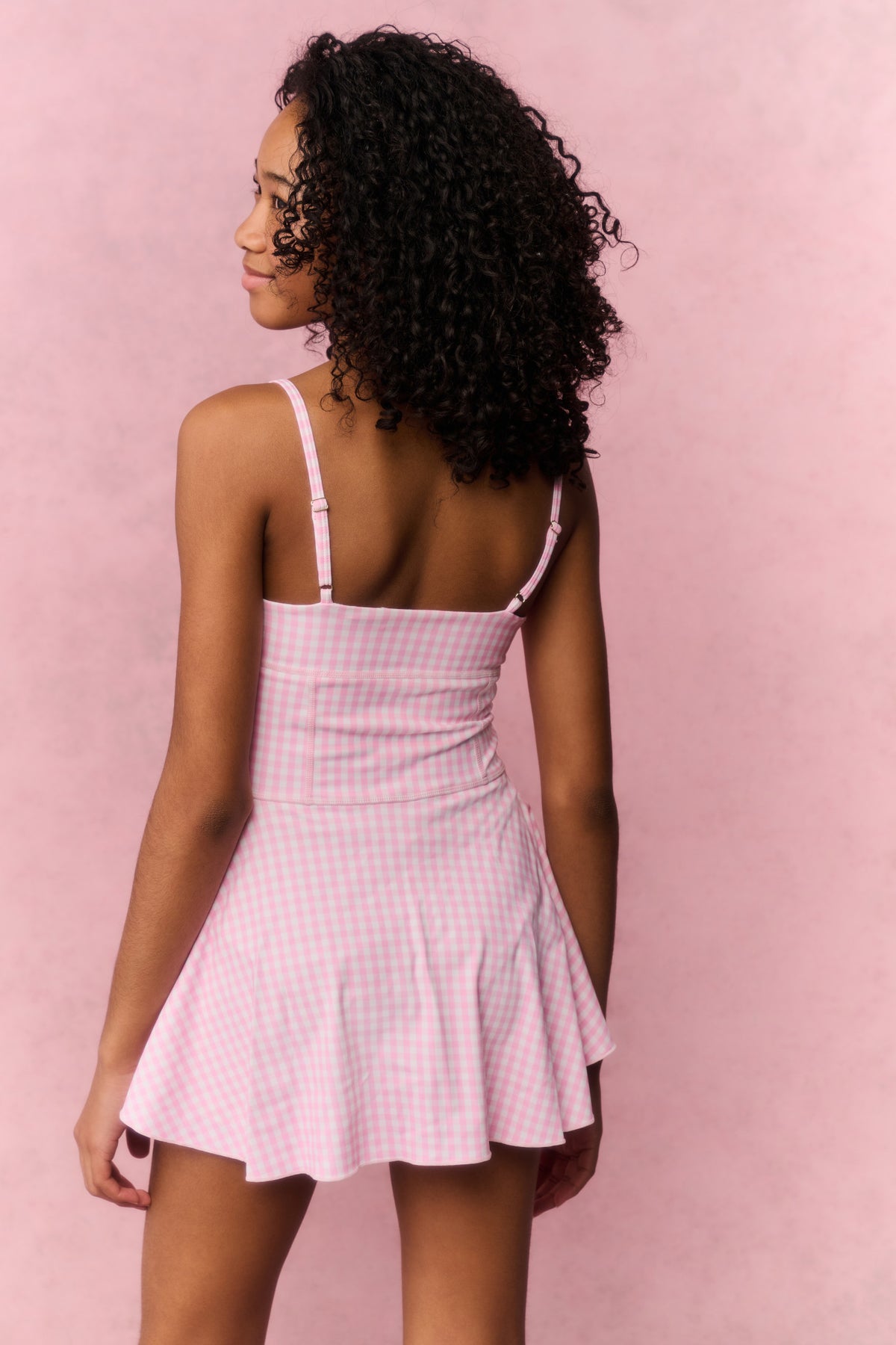 Pink gingham tween active dress, racerback straps and flared skater hem