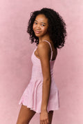 Pink gingham tween active dress with spaghetti straps and flared skirt