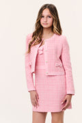 Girls' pink tweed cropped jacket with button closure and decorative bow pockets