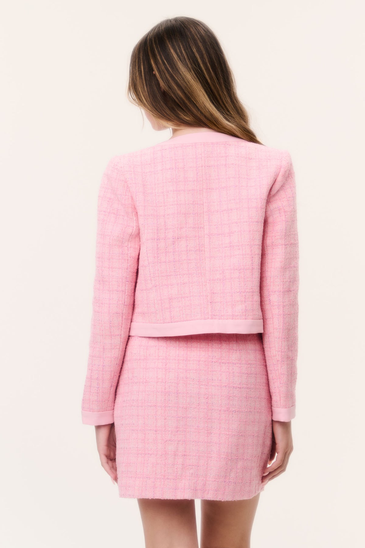 Girls' pink tweed cropped jacket, back view with seam detail