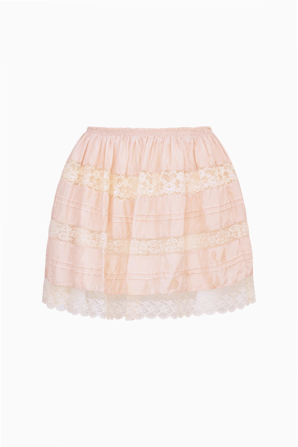Petal peach silk mini skirt, tiered with lace hem