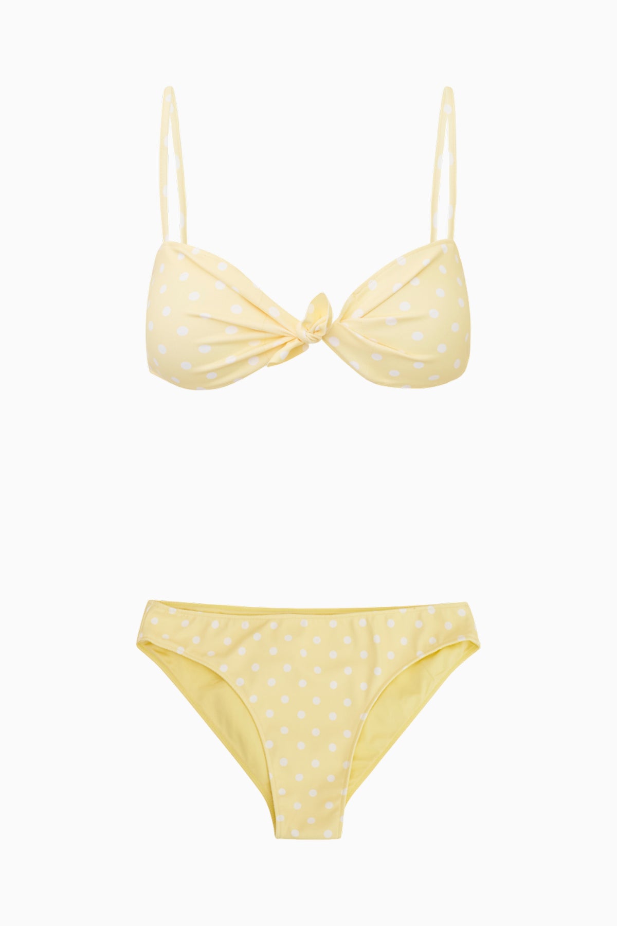 Marigold yellow polka-dot bikini set with knotted center bow and matching briefs