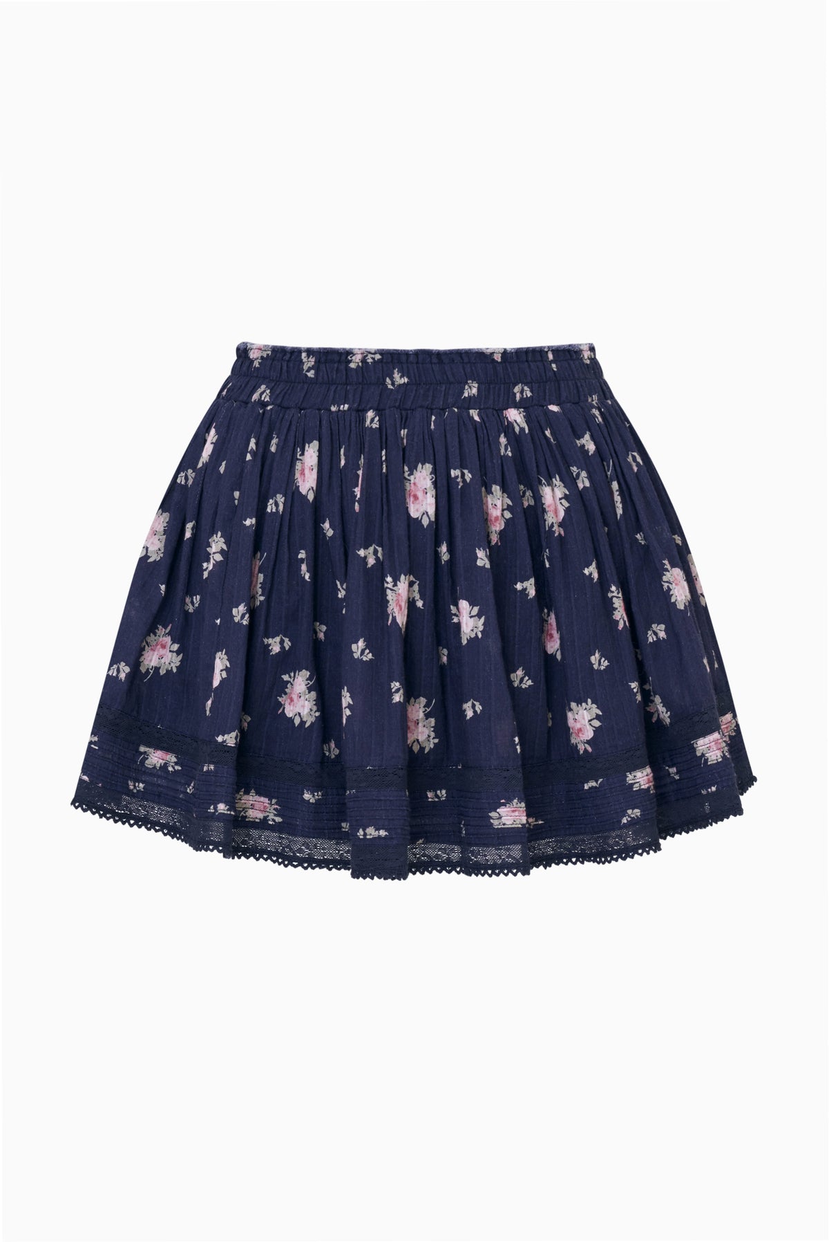 Navy floral cotton skirt with gathered elastic waist and tiered ruffled hem