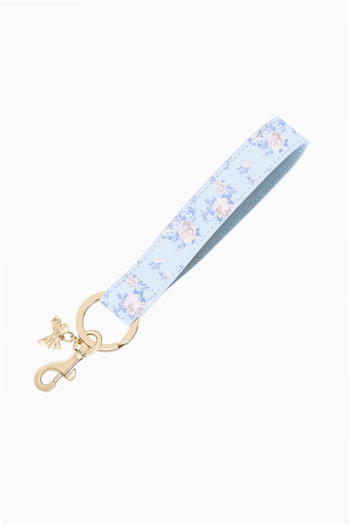 Keychain charm strap with light-blue floral rosette print and gold clasp rings