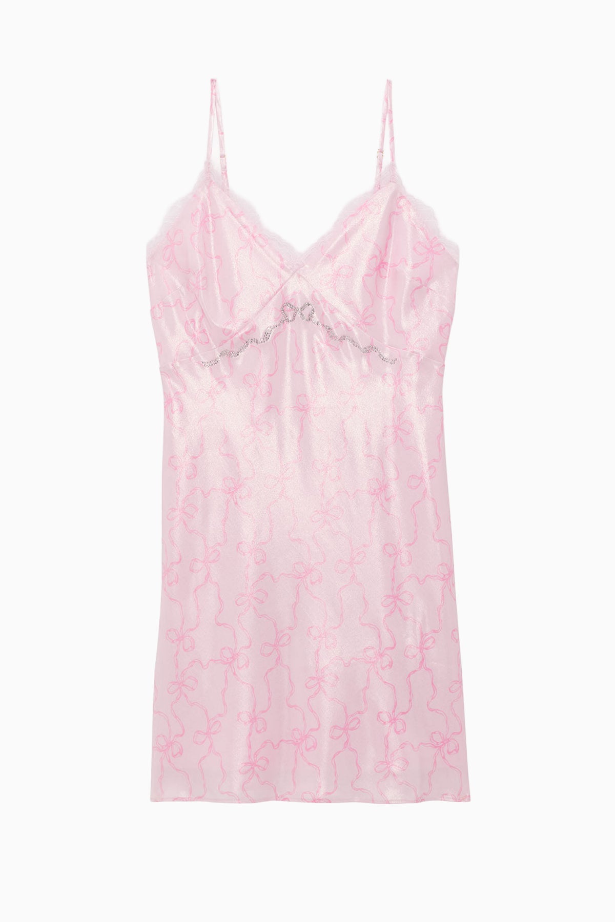Pink lace-trim satin mini slip dress with thin spaghetti straps