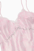 Pink lace-trim satin mini dress with scalloped lace neckline and trim detail