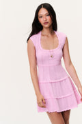 Candy pink stretch pointelle mini dress, sleeveless, square scoop neckline, tiered ruffles