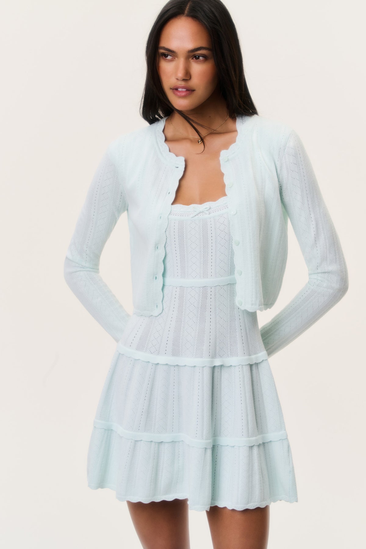 Stretch pointelle cardigan in dusty lagoon, button-front with scalloped hem