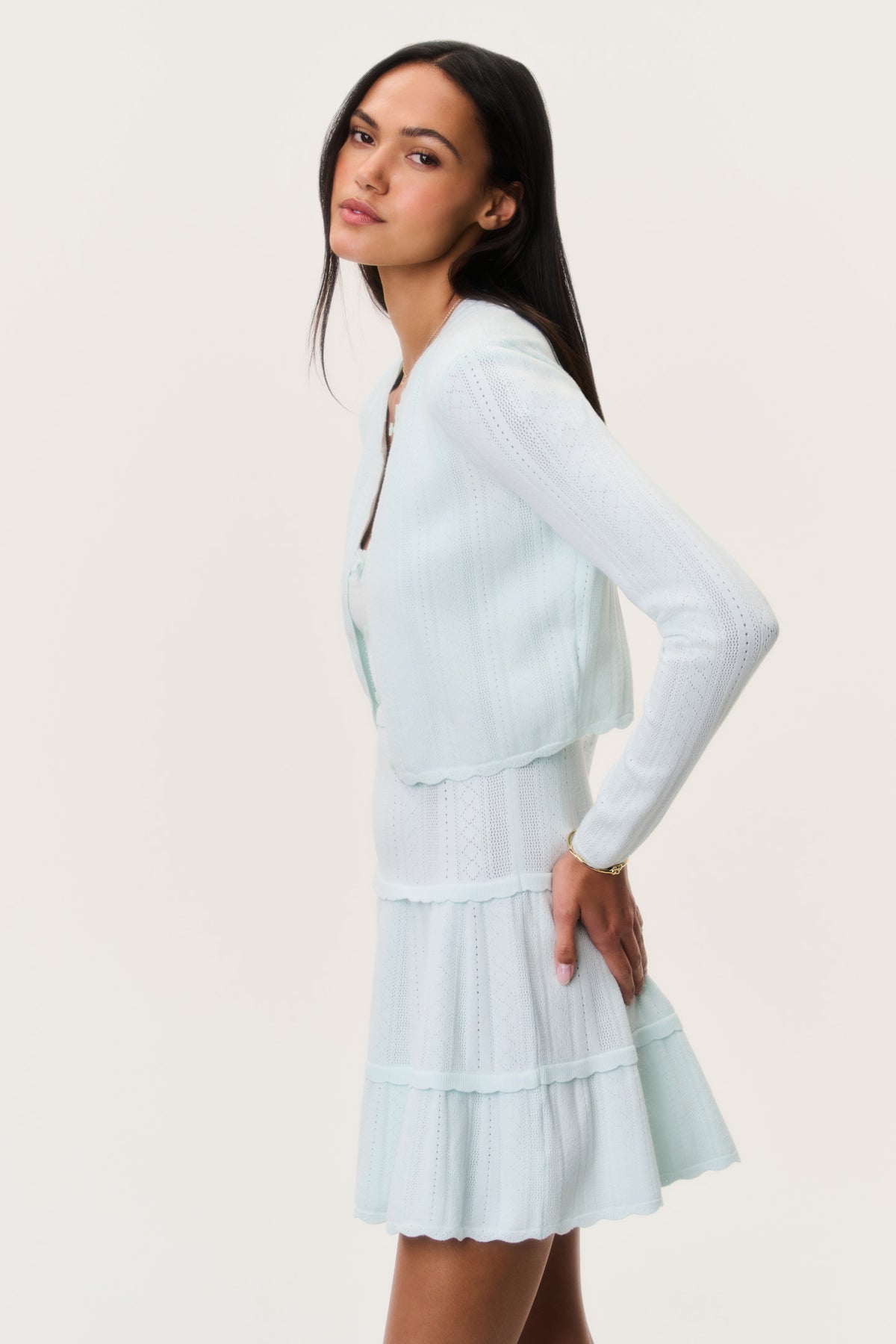 Stretch pointelle cardigan in dusty lagoon, long sleeves and button-front