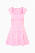 Pink stretch pointelle mini dress with scalloped scoop neckline and tiered skirt