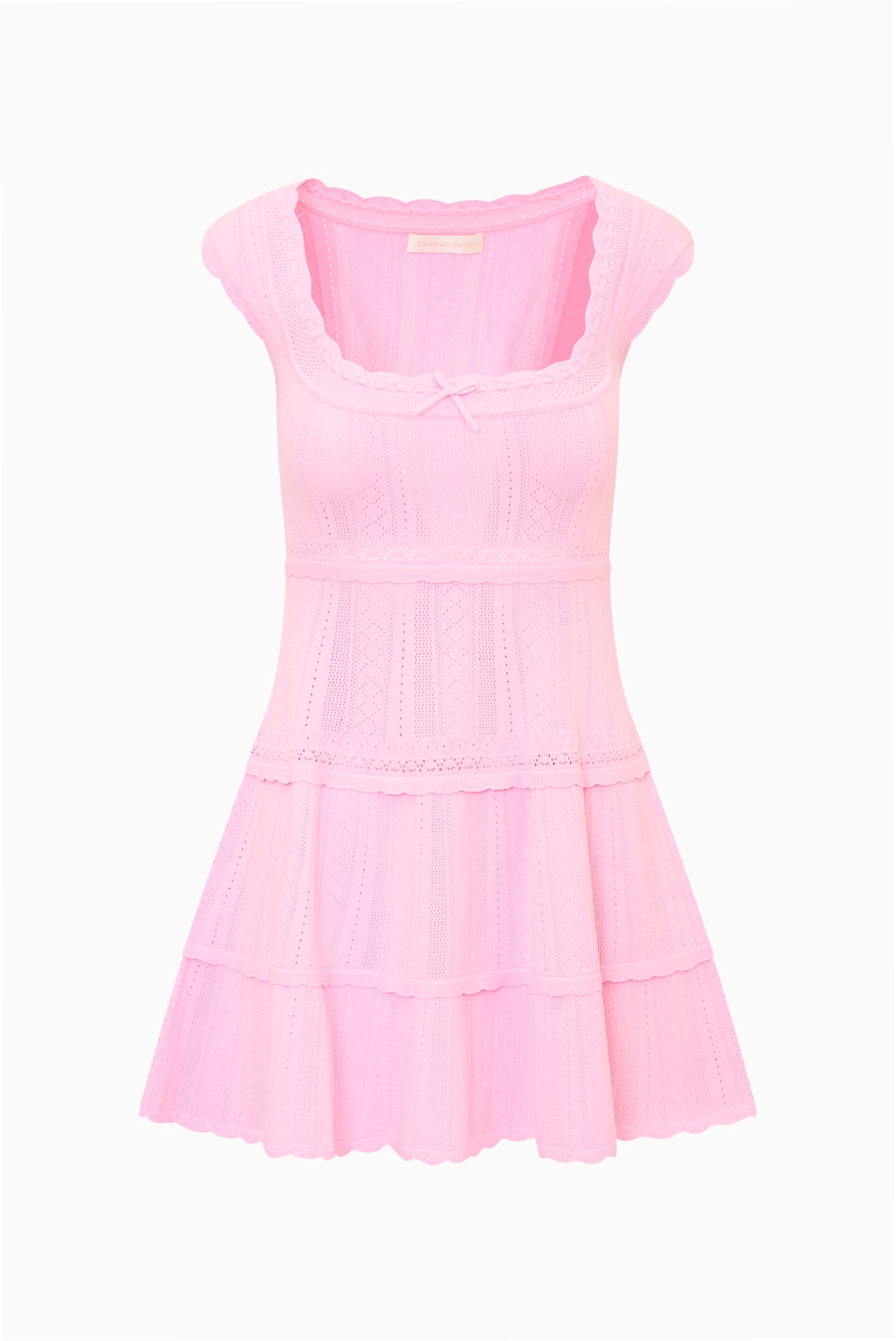 Pink stretch pointelle mini dress with scalloped scoop neckline and tiered skirt