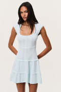 Dusty lagoon blue sleeveless pointelle mini dress with scoop neckline and tiered ruffle hem