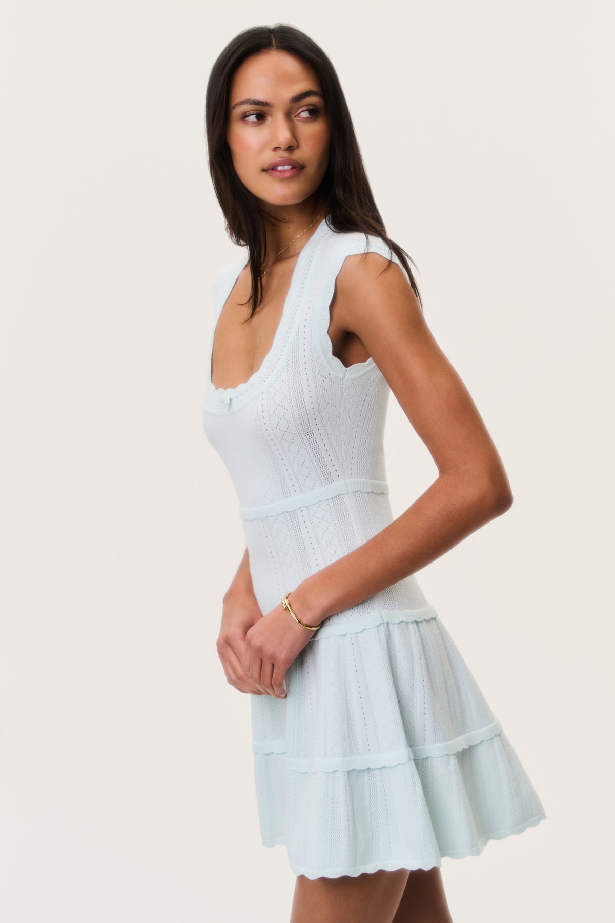 Dusty lagoon blue stretch pointelle mini dress, sleeveless scoop neck, tiered ruffles