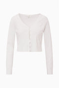 Off-white cotton pointelle cardigan, button-front V-neck, long sleeves
