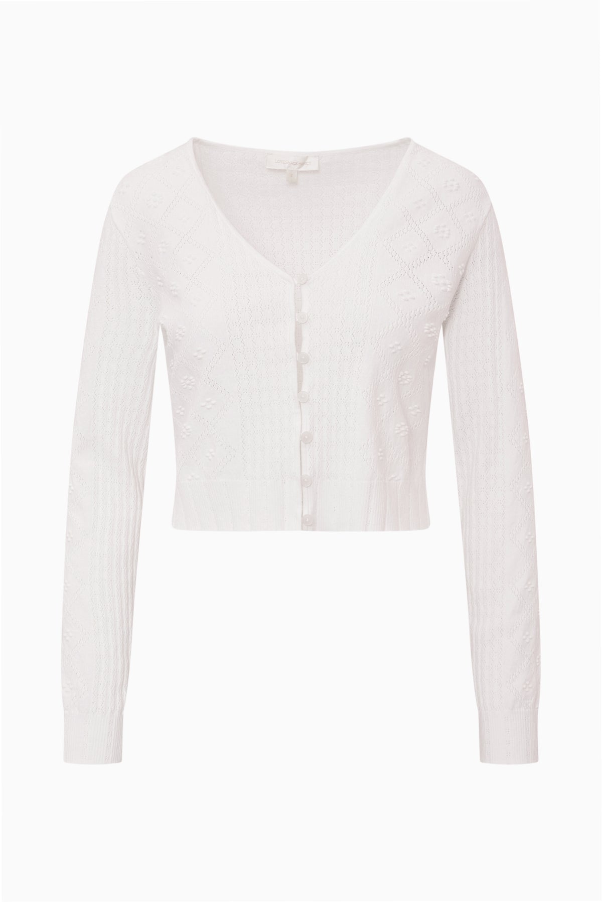Off-white cotton pointelle cardigan, button-front V-neck, long sleeves
