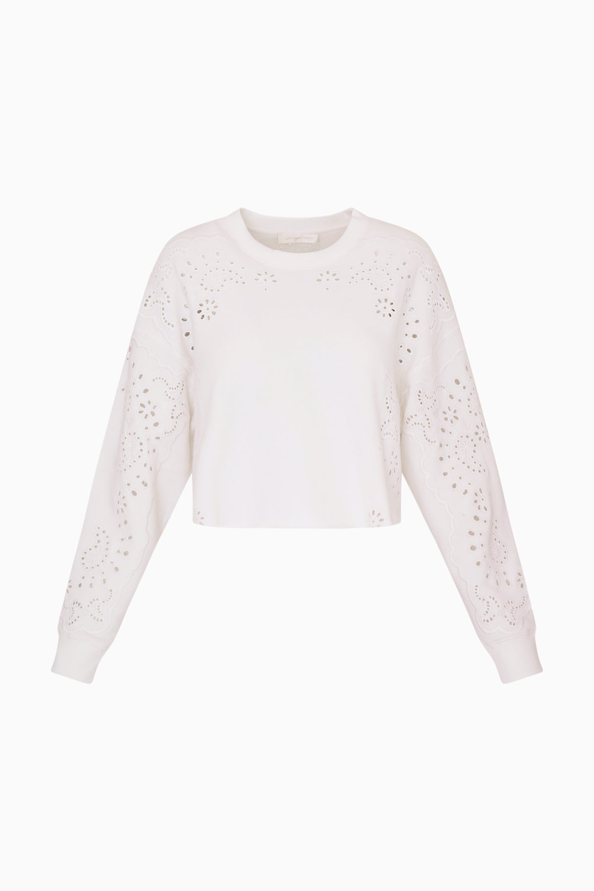 True white fleece pullover with eyelet-style floral cutout sleeves