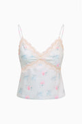 Floral satin camisole top, light blue with pink print, lace-trim neckline and straps