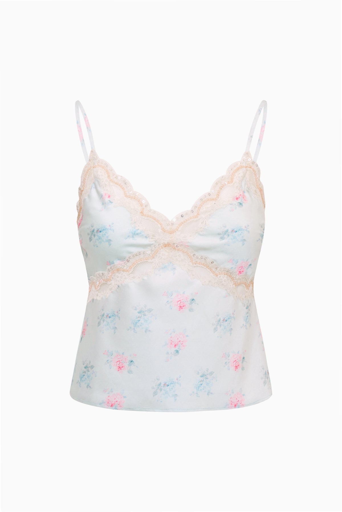 Floral satin camisole top, light blue with pink print, lace-trim neckline and straps