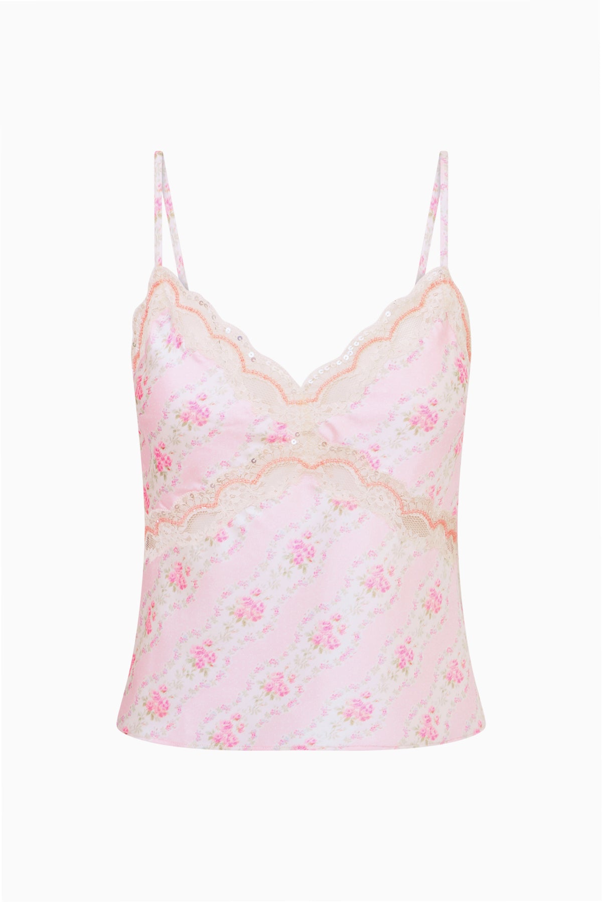 Floral satin camisole top, light blue with pink floral print, lace scalloped neckline