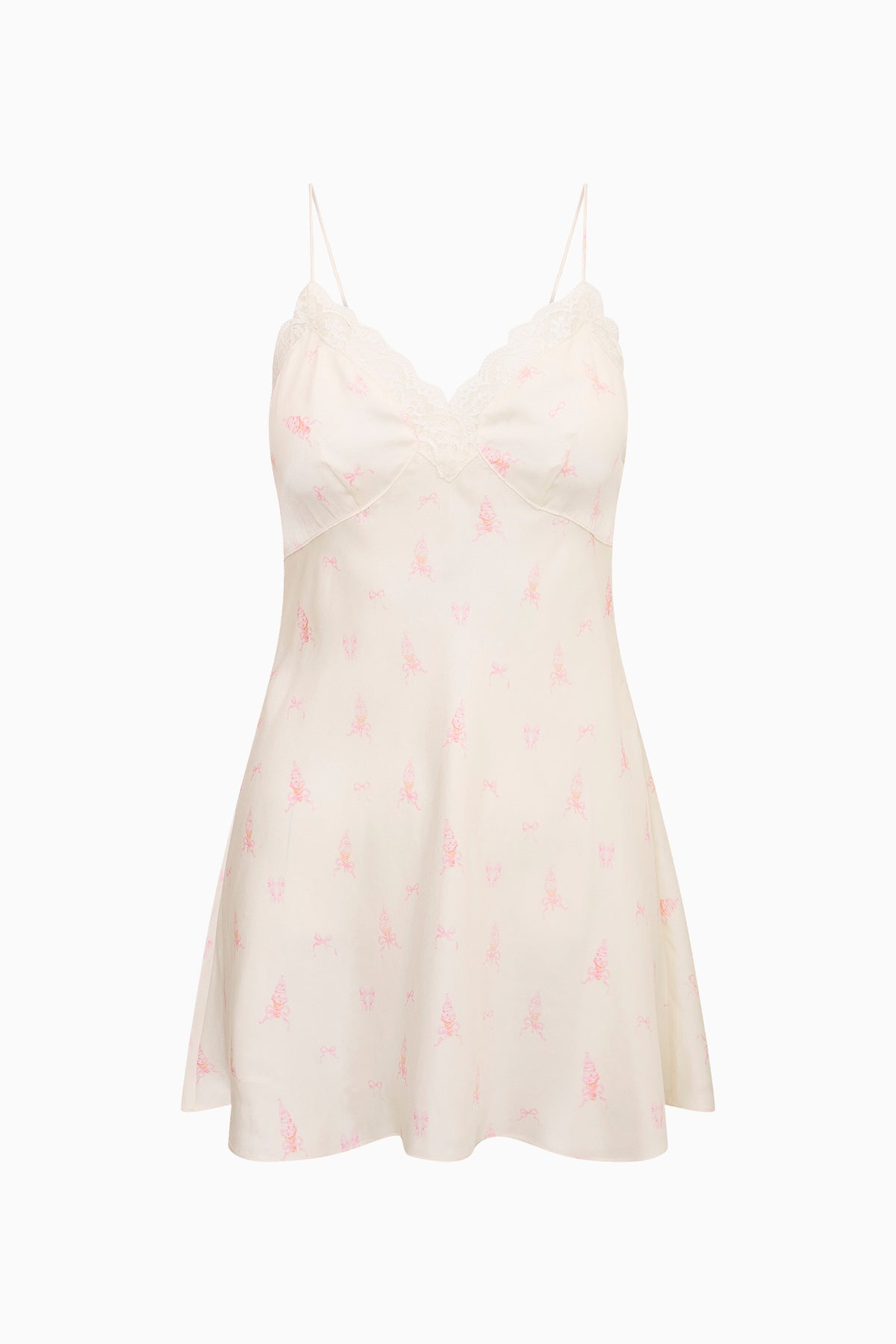 Pink mini slip dress with lace-trim V neckline and spaghetti straps