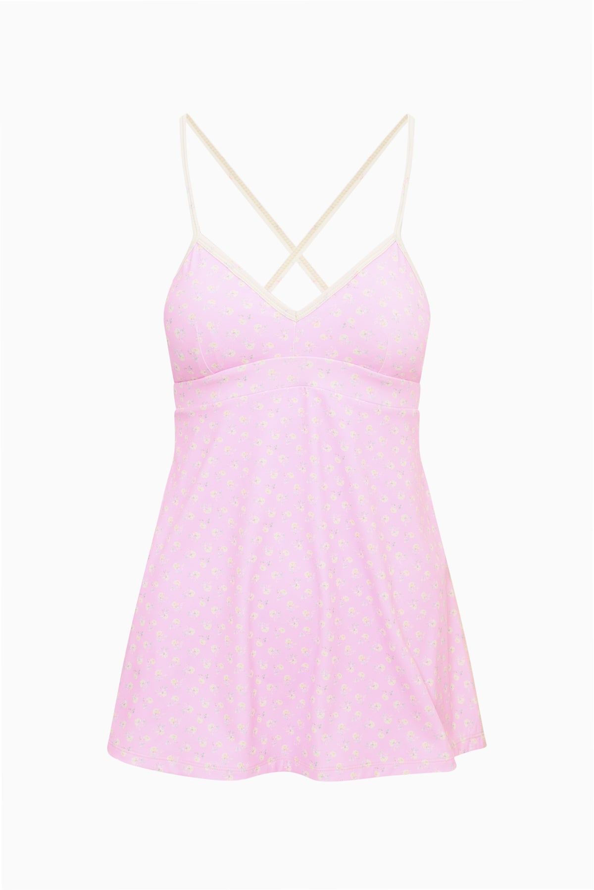 Pink patterned active dress with crisscross V-back and thin spaghetti straps