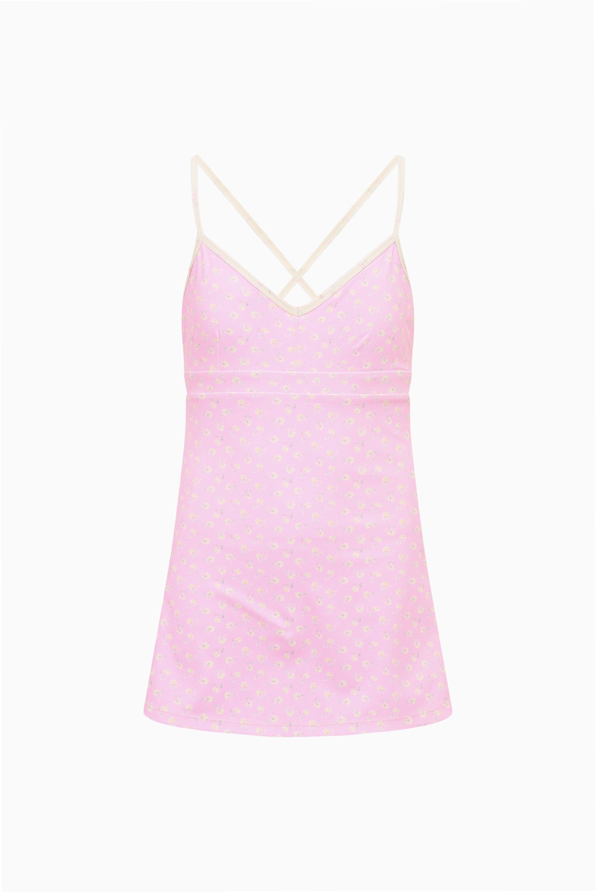 Tween ditsy floral active dress in pink, V-neck and crisscross spaghetti straps
