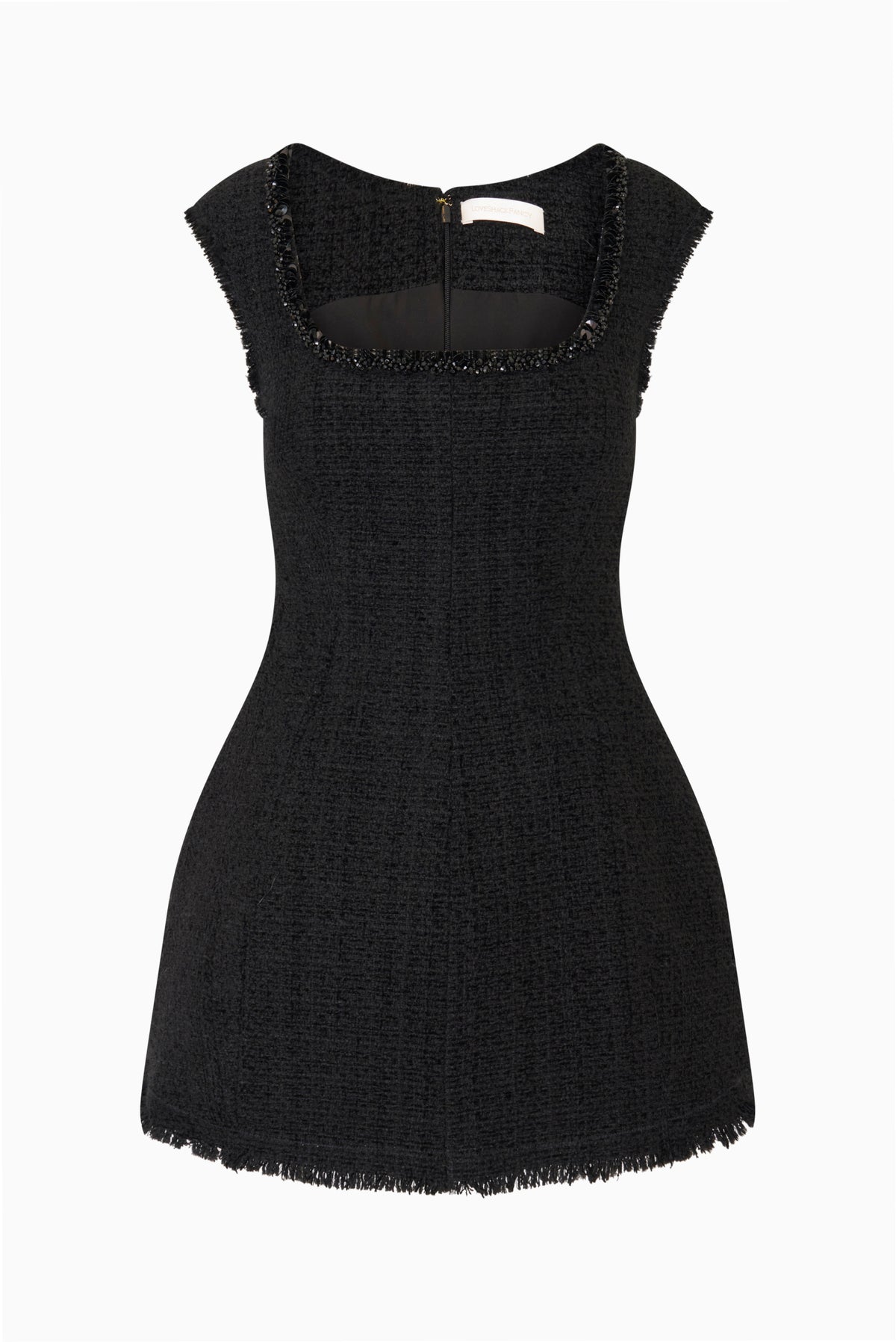 Black sleeveless tweed mini dress with square neckline and decorative edging