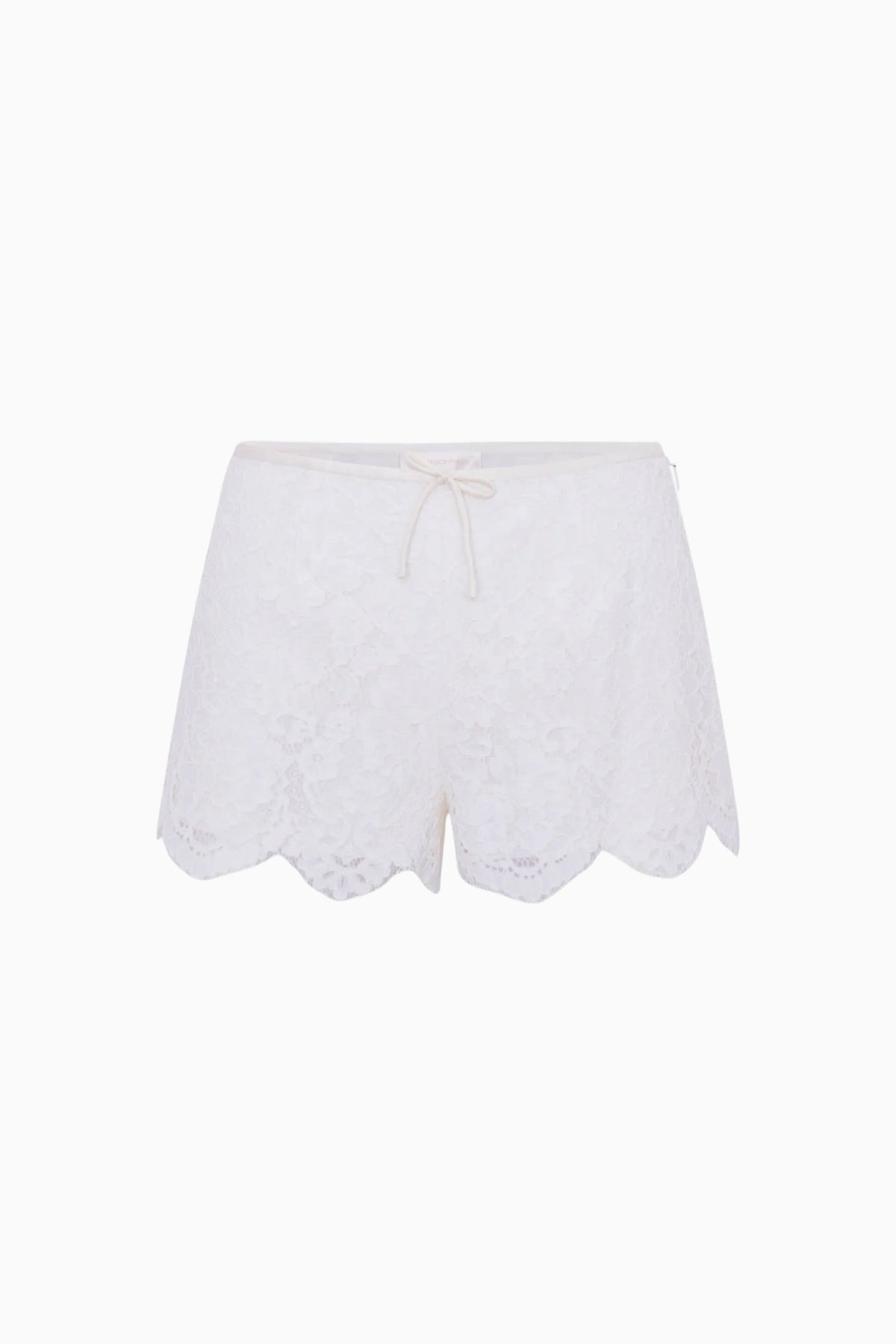Ivory lace mini shorts with scalloped hem and tied waist ribbon