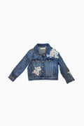 Girls' faded blue denim jacket with collared button front and embroidered patches