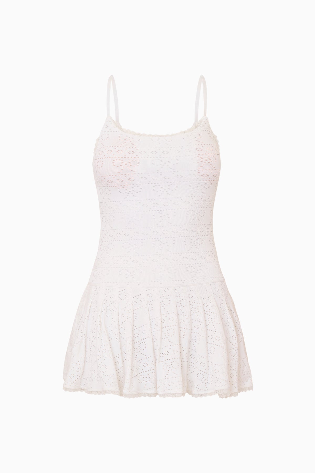 True white eyelet mini dress with spaghetti straps and tiered skirt