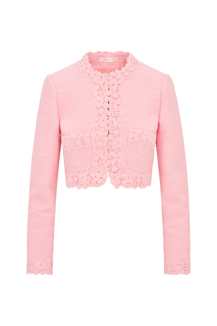 Pink cropped tweed jacket with ruffled lace trim and front button placket