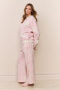 Pink fleece heart-print sweatpants, straight wide-leg silhouette