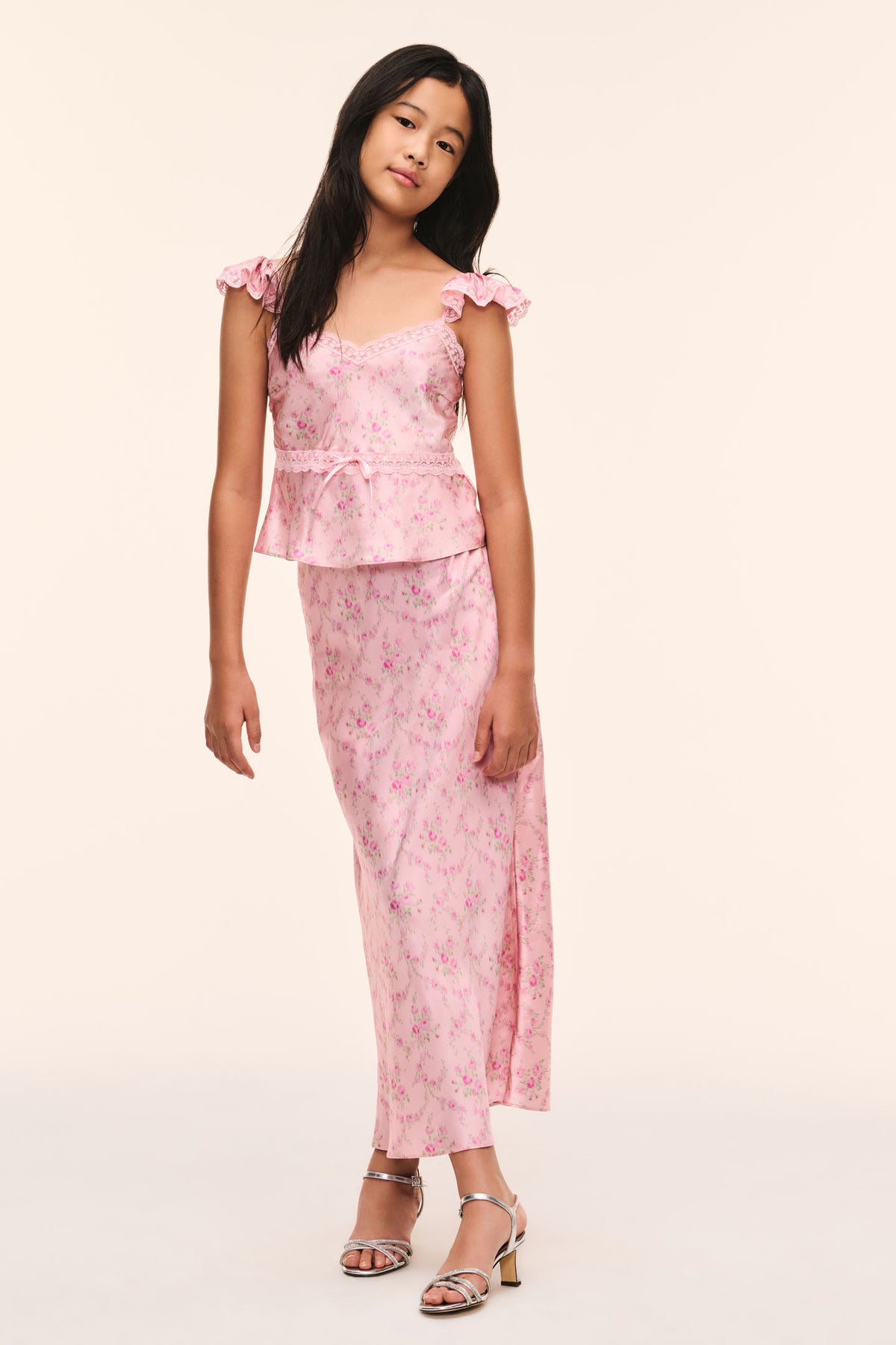 Girls' pink floral midi skirt with simple straight hem