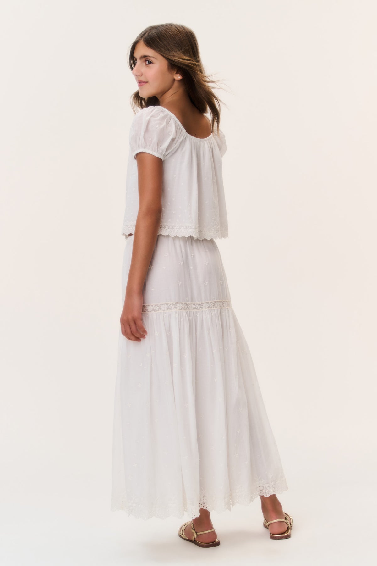 Ivory cotton lace tiered skirt for girls, side/back view with elastic waist